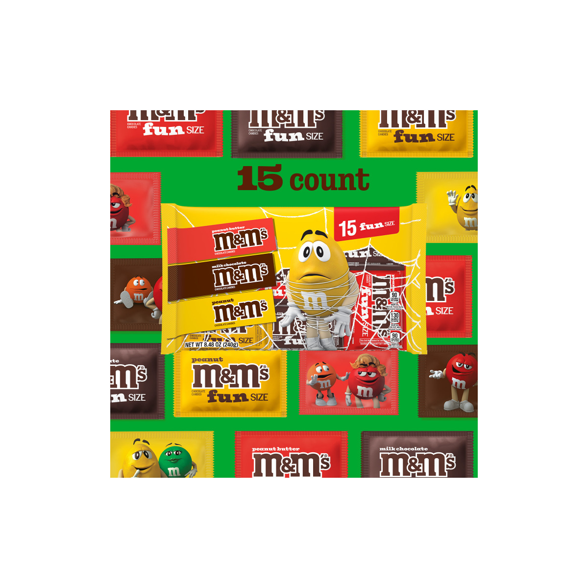 slide 8 of 8, M&M's Milk Chocolate, Peanut & Peanut Butter Fun Size Halloween Candy Variety Pack, 15 Ct Bag, 8.48 oz