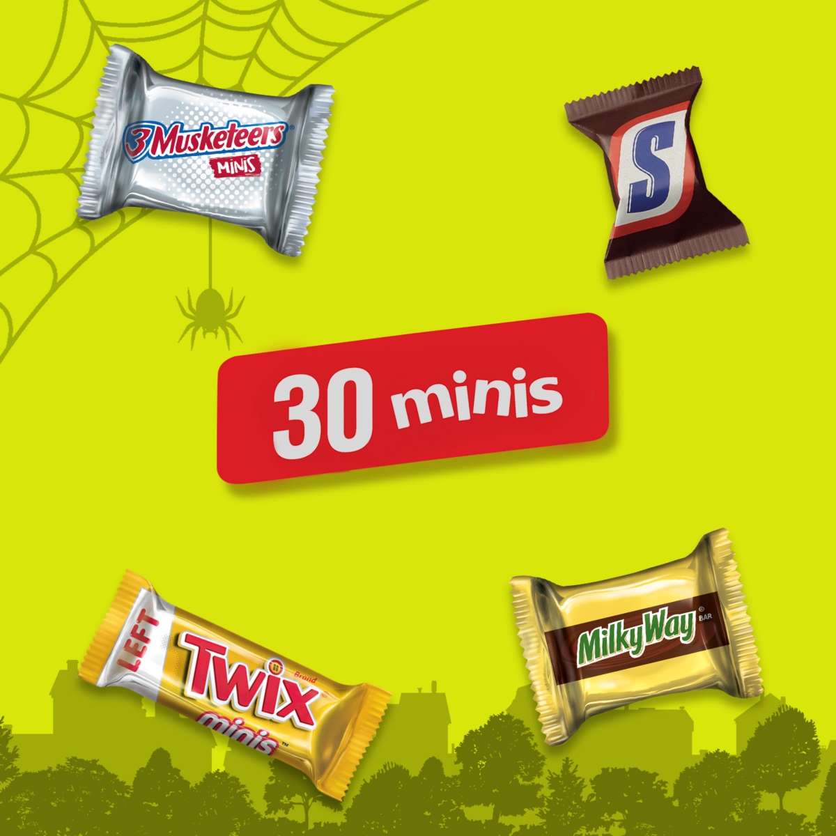 slide 8 of 8, Mars Snickers, Twix, Milky Way & 3 Musketeers Minis Halloween Candy - 30 Ct, 8.57 Oz Bag, 30 ct