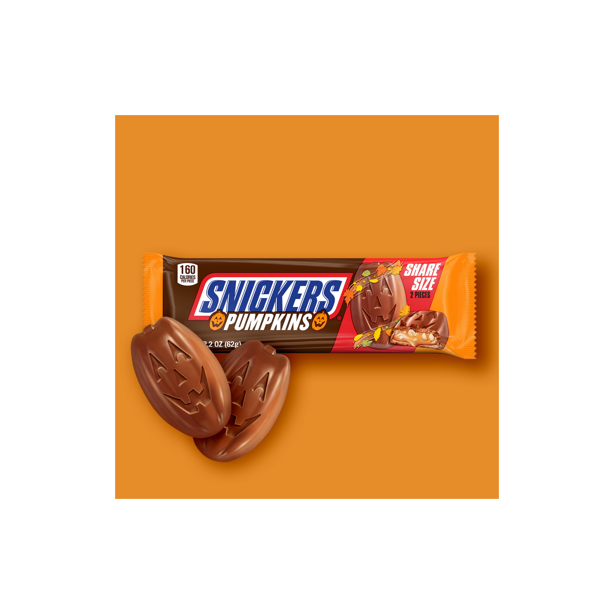 slide 2 of 8, SNICKERS Pumpkins Chocolate Halloween Candy Bars, Share Size, 2.2 Oz Pack, 2.2 oz