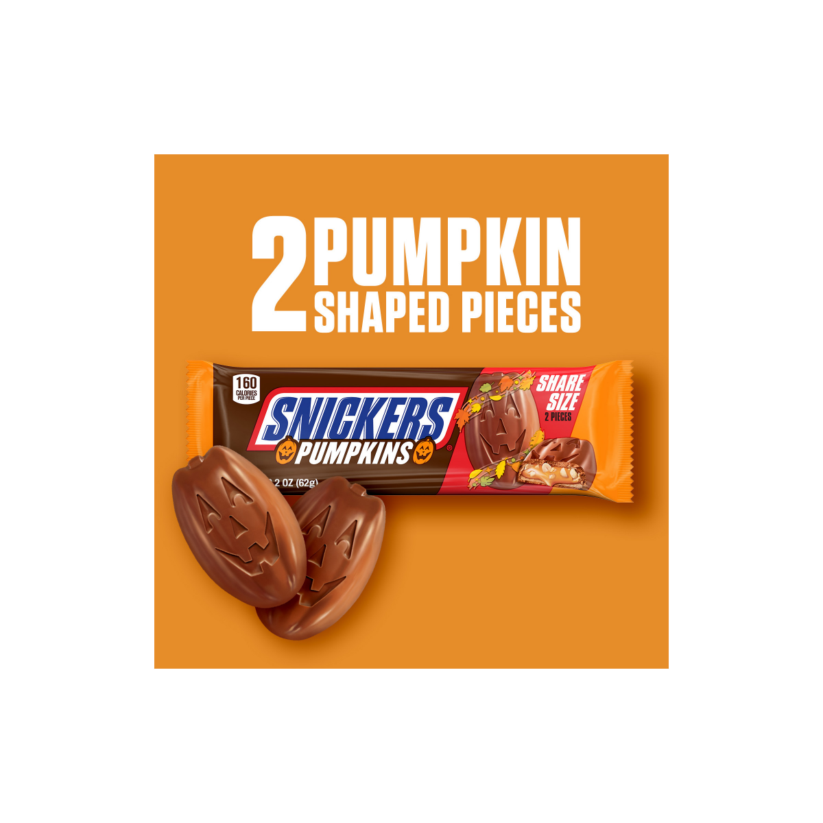 slide 8 of 8, SNICKERS Pumpkins Chocolate Halloween Candy Bars, Share Size, 2.2 Oz Pack, 2.2 oz