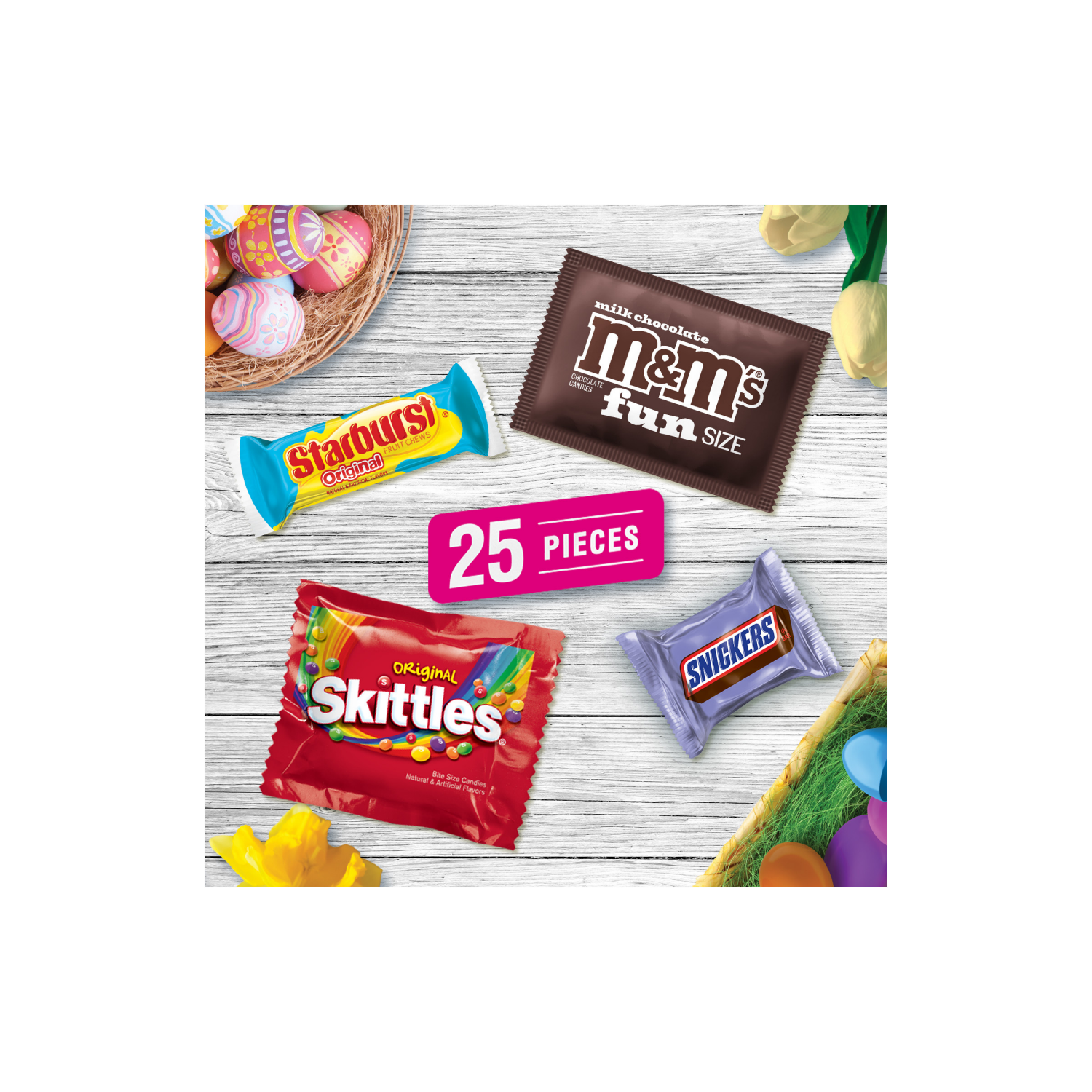 slide 8 of 8, M&M's, Skittles, Snickers & Starburst Easter Basket Stuffers Variety Pack, Bulk Bag - 25 ct, 25 ct