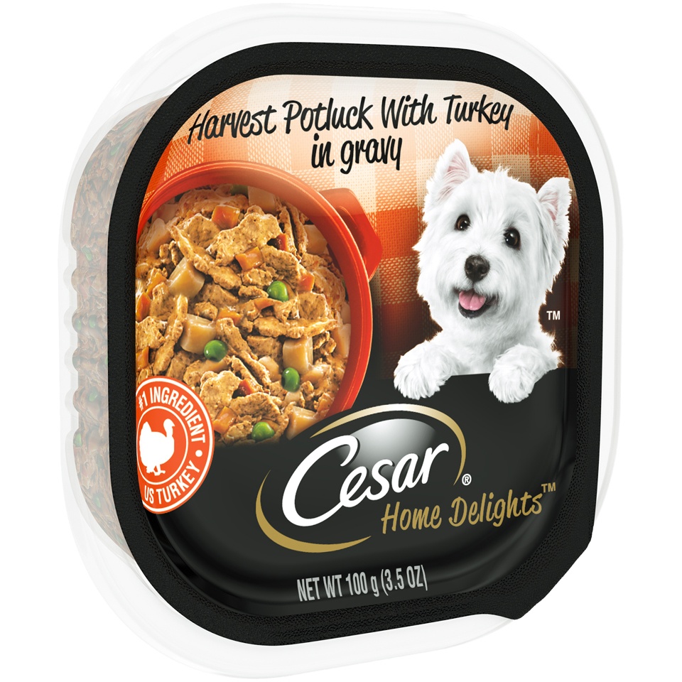 slide 2 of 9, Cesar Home Delights Harvest Potluck with Turkey in Gravy Wet Dog Food Tray, 3.5 oz