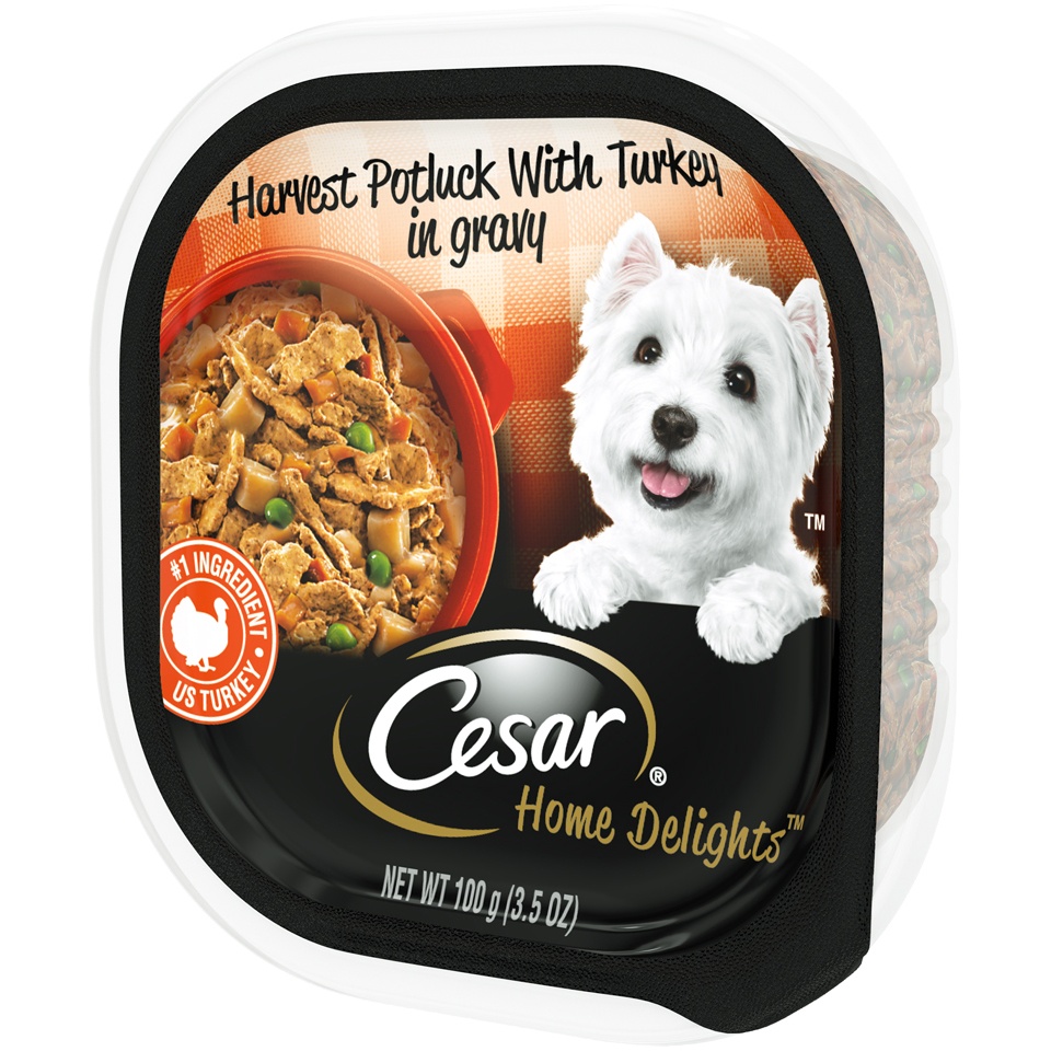 slide 3 of 9, Cesar Home Delights Harvest Potluck with Turkey in Gravy Wet Dog Food Tray, 3.5 oz