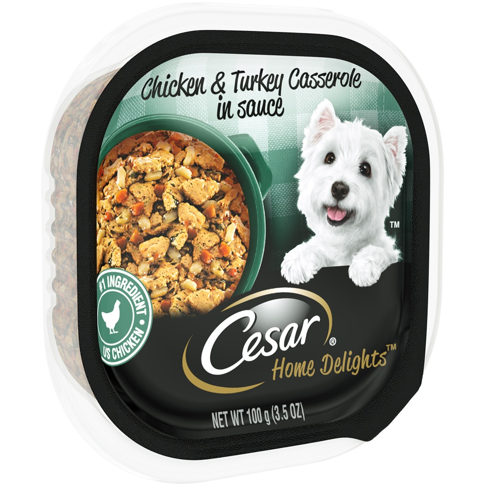 slide 2 of 9, Cesar Home Delights Chicken and Turkey Casserole in Sauce Wet Dog Food Tray, 3.5 oz