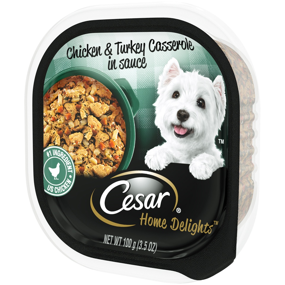 slide 3 of 9, Cesar Home Delights Chicken and Turkey Casserole in Sauce Wet Dog Food Tray, 3.5 oz