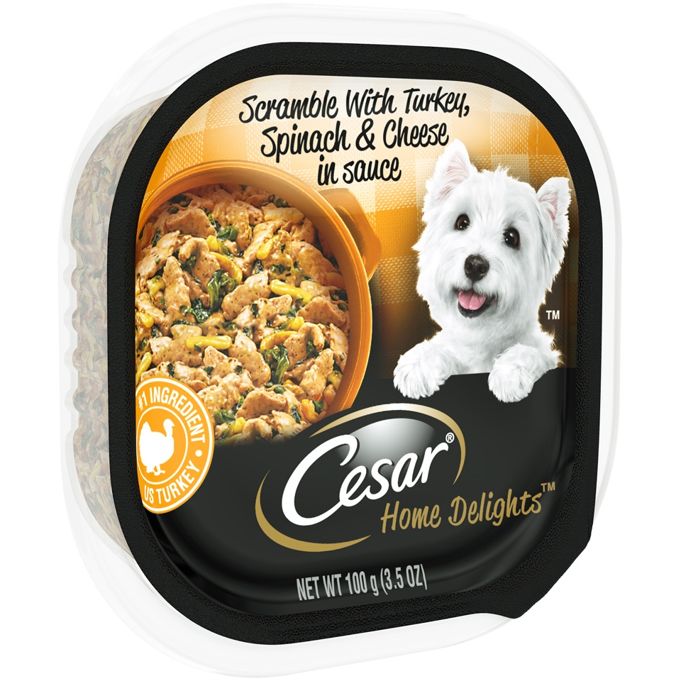 slide 2 of 9, Cesar Home Delights Scramble With Turkey, Spinach and Cheese Dog Food Tray, 3.5 oz