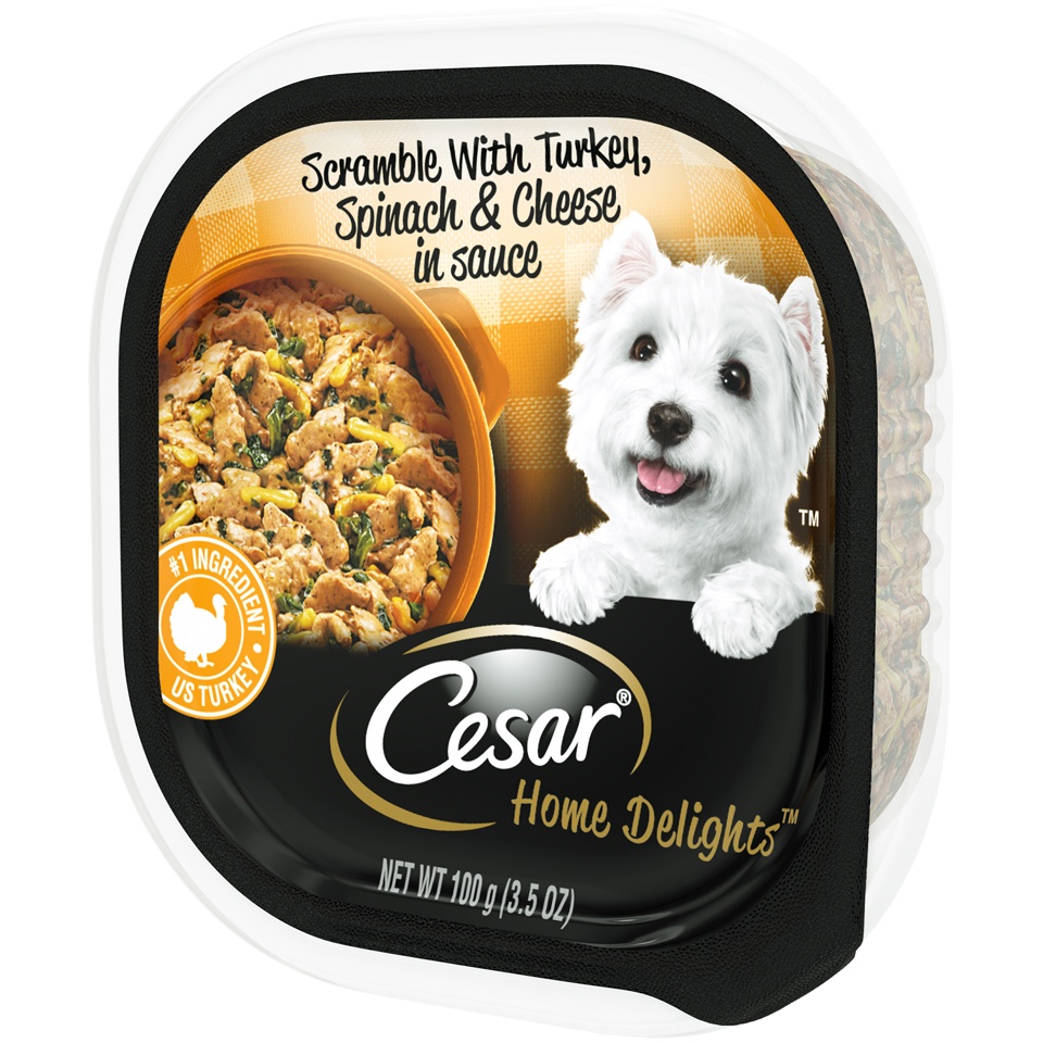 slide 3 of 9, Cesar Home Delights Scramble With Turkey, Spinach and Cheese Dog Food Tray, 3.5 oz