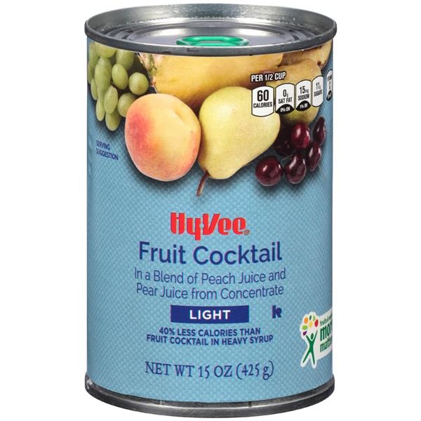 slide 1 of 1, Hy-vee Light Fruit Cocktail In A Blend Of Peach Juice And Pear Juice From Concentrate, 15 oz