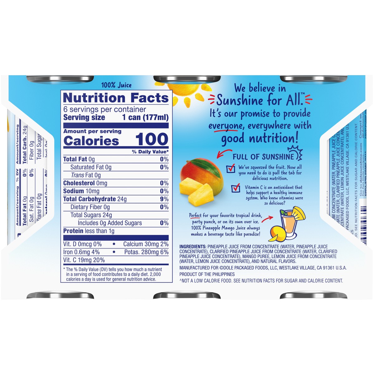 slide 2 of 9, Dole 100% Juice, Pineapple Mango- 6 ct, 6 ct