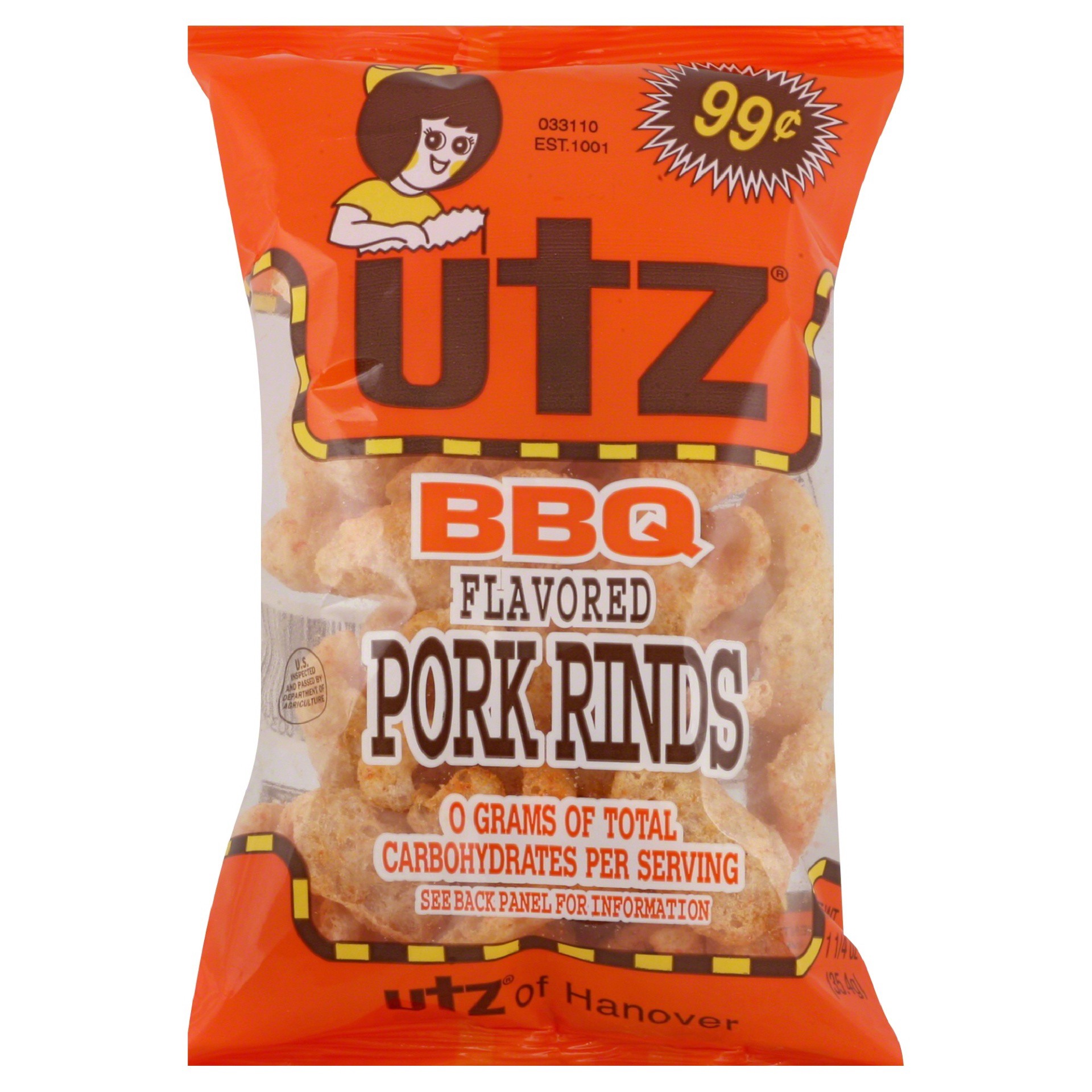 slide 1 of 1, Utz Pork Rinds, BBQ Flavored, 1.25 oz