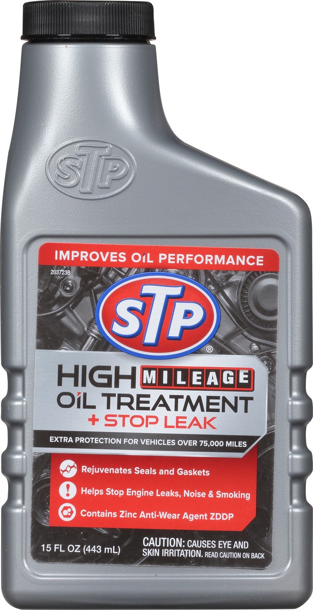 slide 1 of 9, STP High Mileage Oil Treatment + Stop Leak 15 oz, 15 fl oz