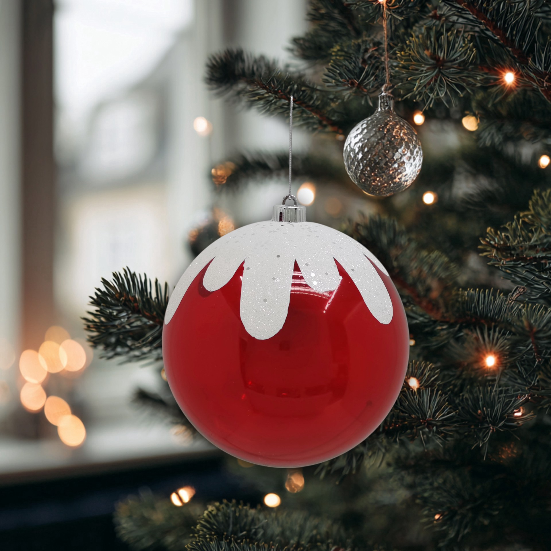 slide 3 of 3, 8.5" White Glitter Frosted Red Plastic Jumbo Ball Ornament By Ashland, 8.5 in