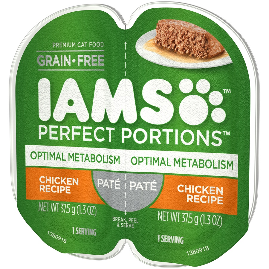 slide 3 of 9, IAMS PERFECT PORTIONS Optimal Metabolism Adult Grain Free* Wet Cat Food Paté, Chicken Recipe, (24) Easy Peel Twin-Pack Trays, 2.6 oz