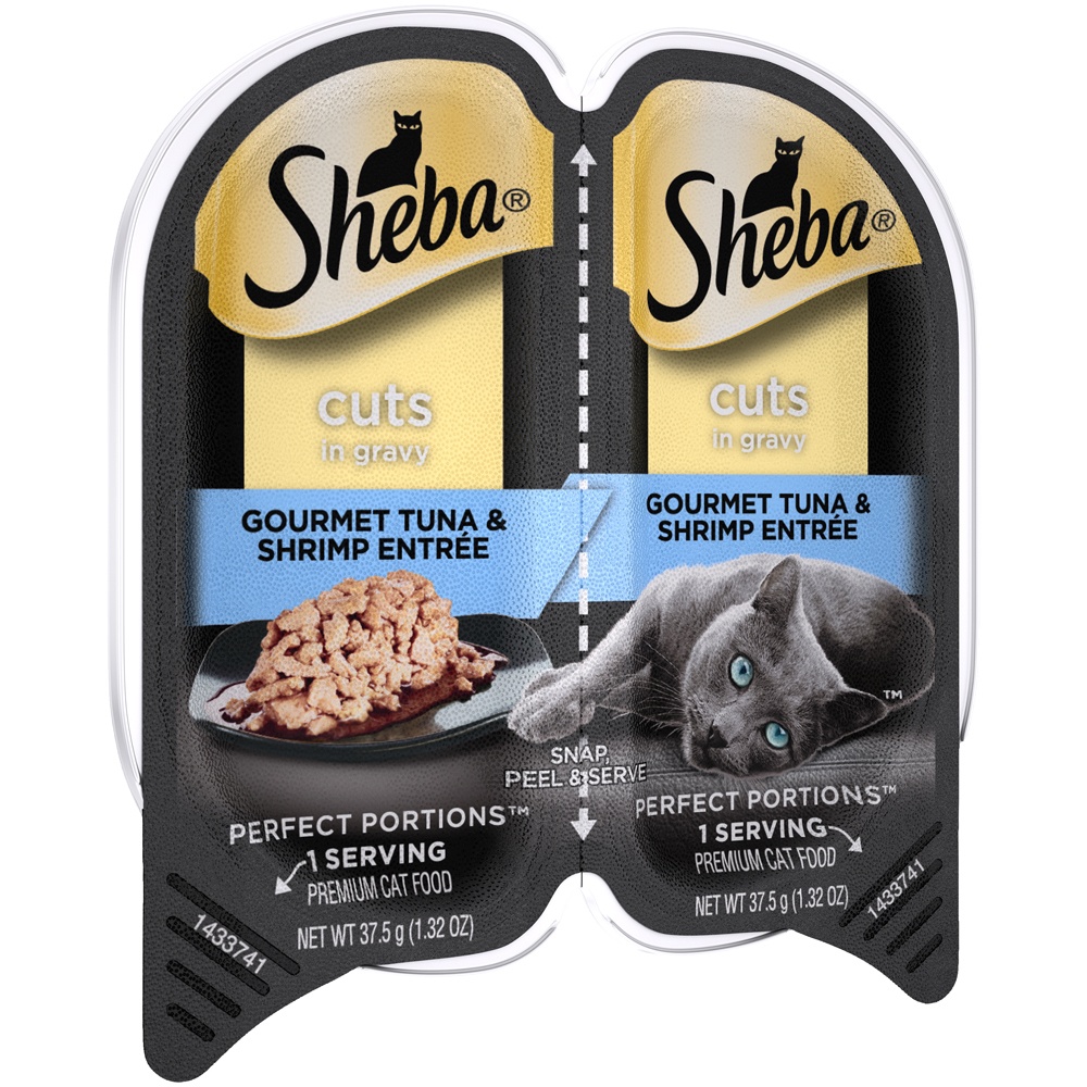 slide 2 of 9, SHEBA Wet Cat Food Cuts in Gravy Gourmet Tuna & Shrimp Entree, (24) PERFECT PORTIONS Twin-Pack Trays, 2.64 oz