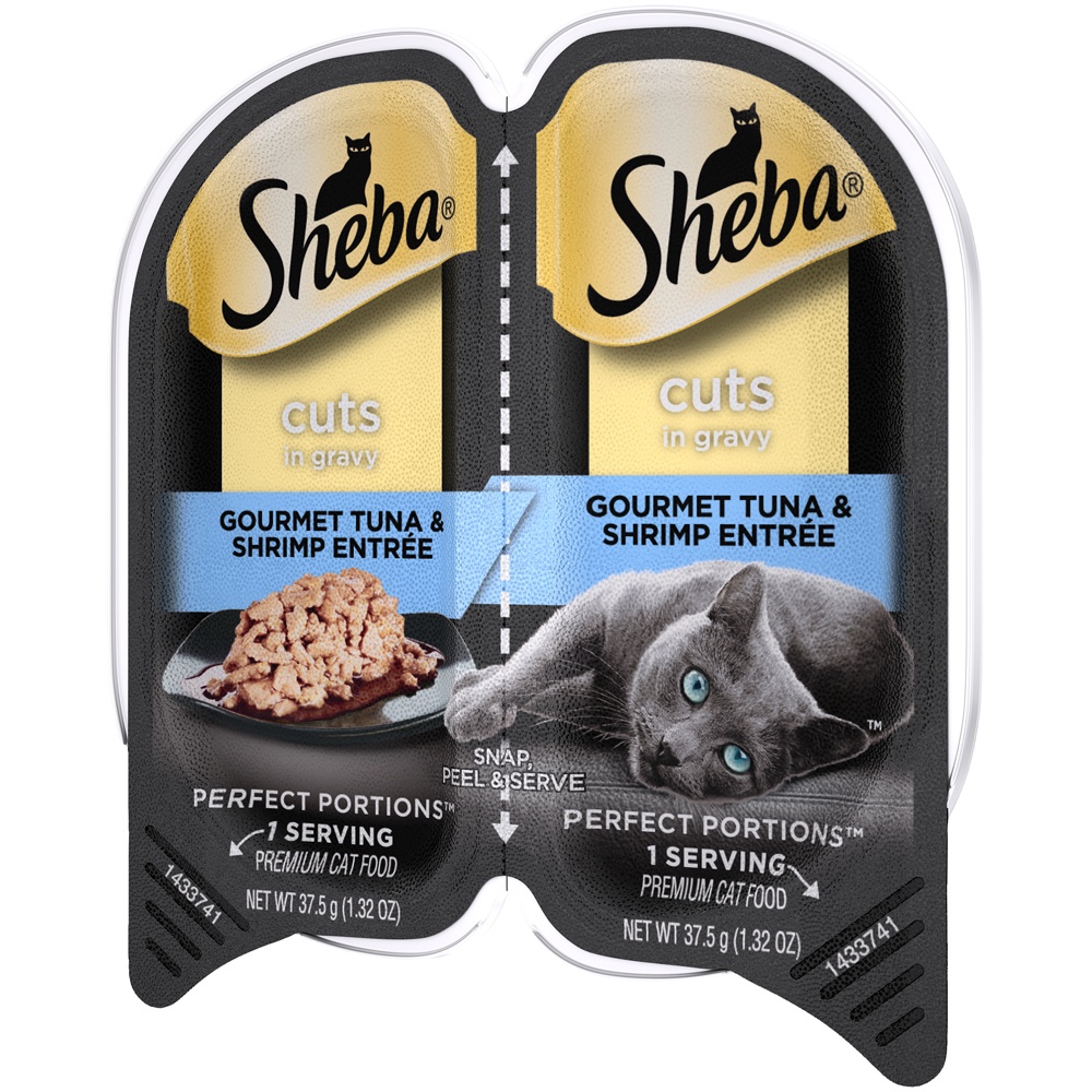 slide 3 of 9, SHEBA Wet Cat Food Cuts in Gravy Gourmet Tuna & Shrimp Entree, (24) PERFECT PORTIONS Twin-Pack Trays, 2.64 oz
