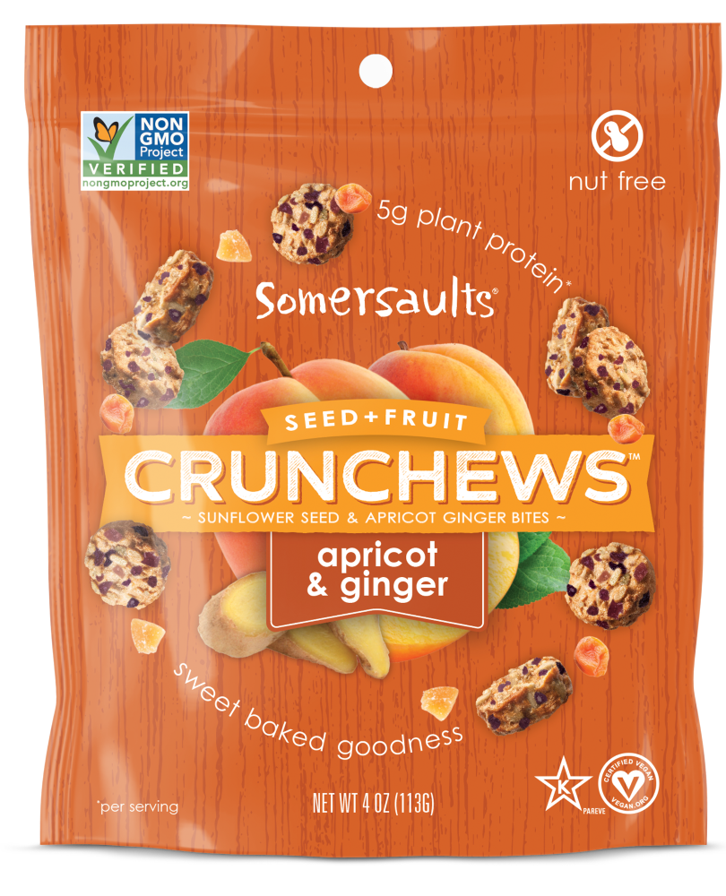 slide 1 of 1, Somersaults Crunchews Apricot & Ginger Sunflower Seed Bites, 4 oz