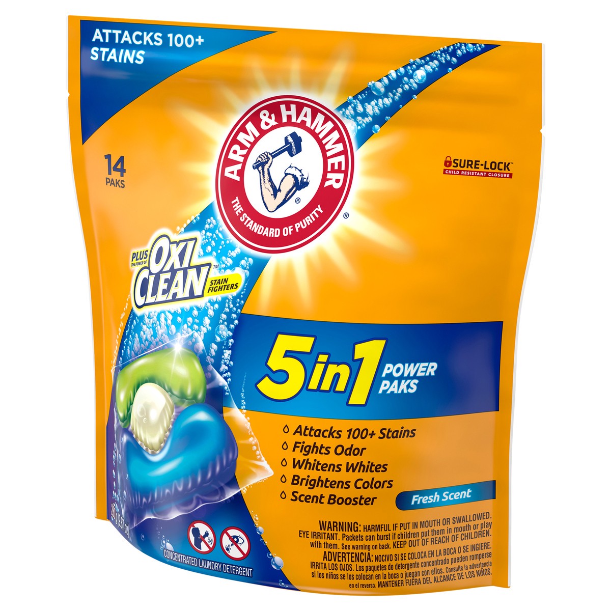 slide 8 of 8, ARM & HAMMER plus OxiClean 5-in-1 Power Paks, 14 Count, 9.87 oz