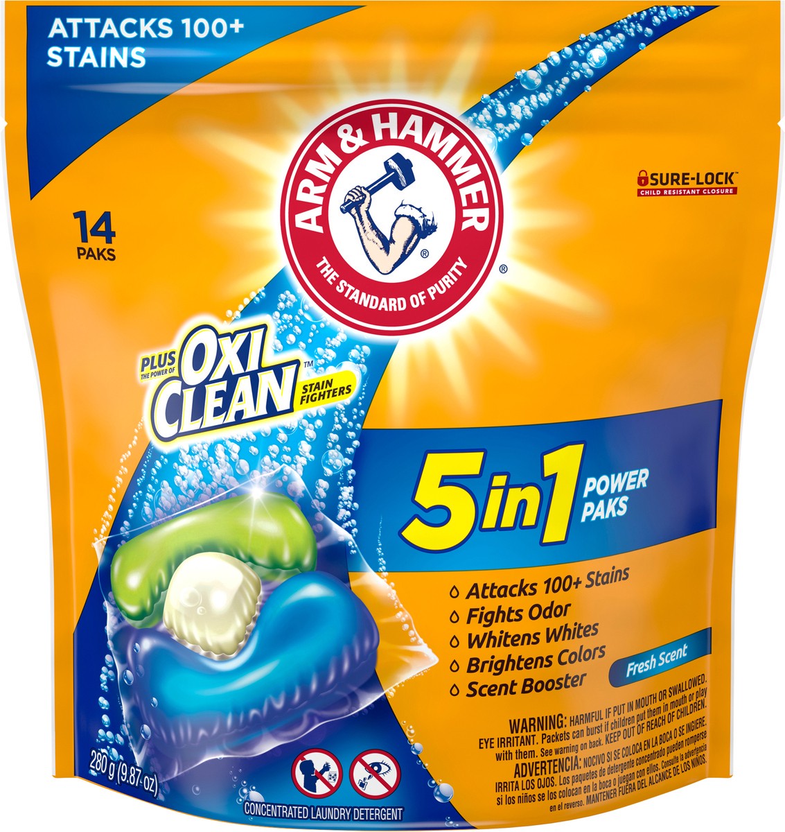 slide 4 of 8, ARM & HAMMER plus OxiClean 5-in-1 Power Paks, 14 Count, 9.87 oz