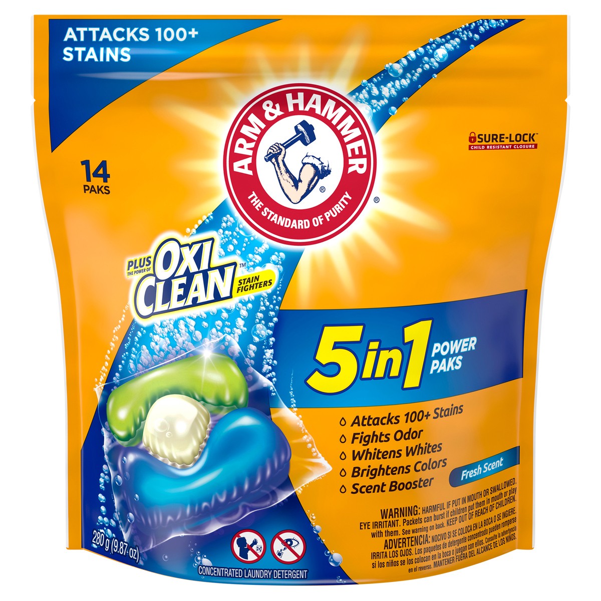 slide 6 of 8, ARM & HAMMER plus OxiClean 5-in-1 Power Paks, 14 Count, 9.87 oz