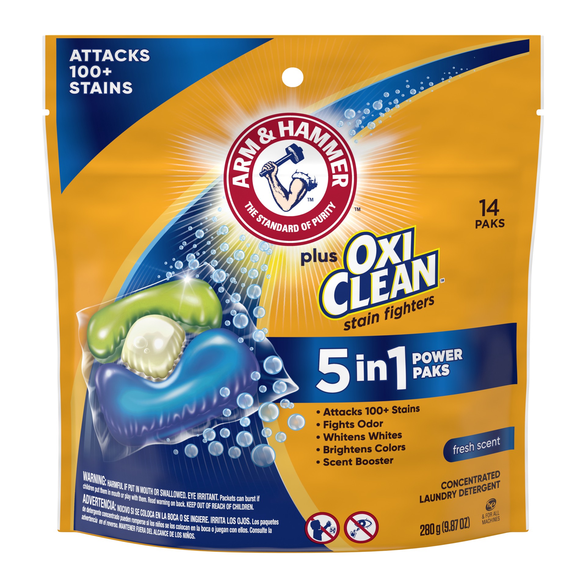 slide 1 of 8, ARM & HAMMER Plus OxiClean Stain Fighters: 5-in-1 Laundry Detergent Power Paks, Laundry Stain Remover, Attacks 100 Plus Stains, Fresh Scent, 14 Count, 9.87 oz
