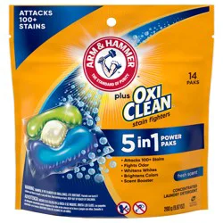 ARM & HAMMER Plus OxiClean Stain Fighters: 5-in-1 Laundry Detergent Power Paks, Laundry Stain Remover, Attacks 100 Plus Stains, Fresh Scent, 14 Count