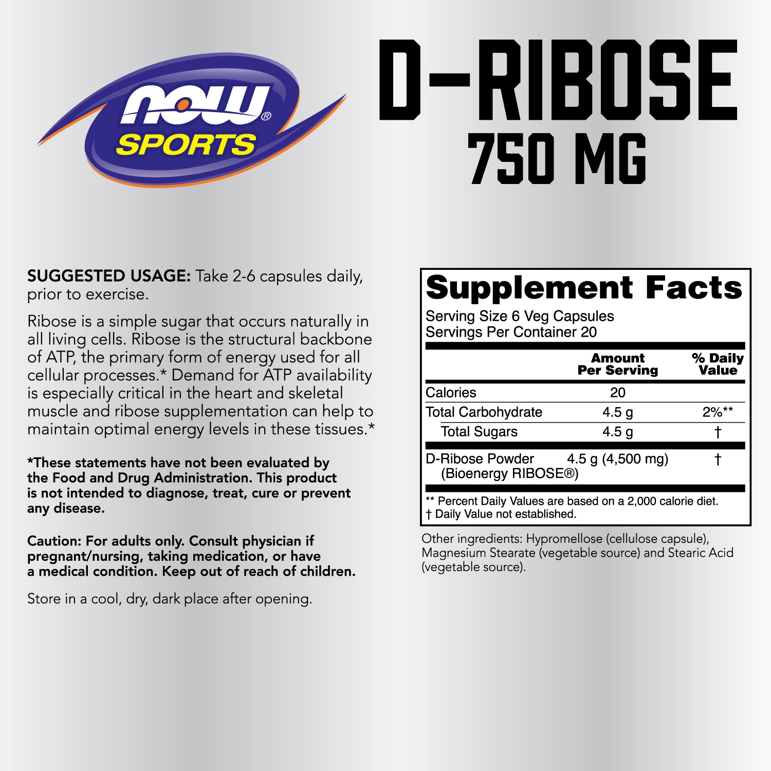 slide 2 of 2, NOW Sports Nutrition, D-Ribose, Certified Non-GMO, Energy Production*, 120 Veg Capsules, 750 mg