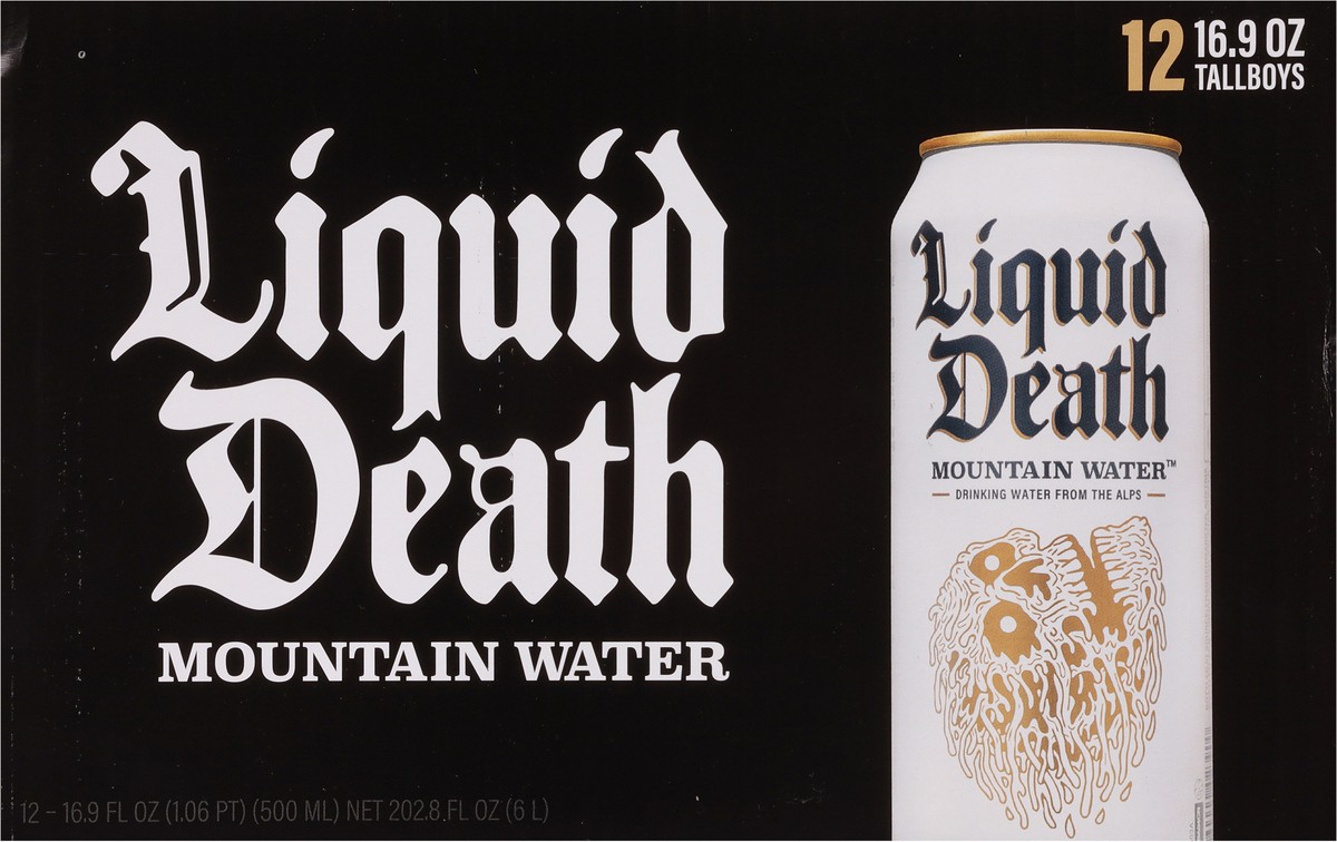 slide 5 of 8, Liquid Death Mountain Water, 16.9 oz Cans (12-Pack), 202.8 oz