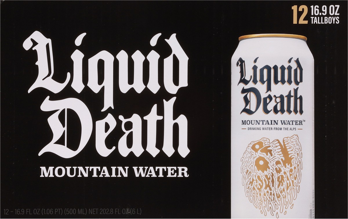 slide 6 of 8, Liquid Death Mountain Water, 16.9 oz Cans (12-Pack), 202.8 oz