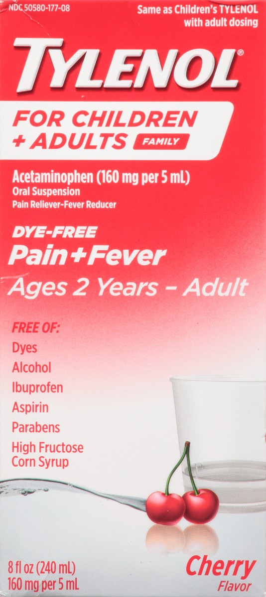 slide 1 of 7, Tylenol Dye-Free Cherry Flavor Pain + Fever for Children + Adults 8 fl oz Box, 24 ct