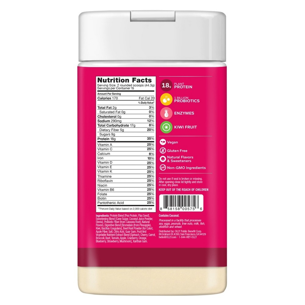 slide 2 of 4, Olly Probiotic Smoothie Protein Powder Creamy Strawberry, 23.6 oz