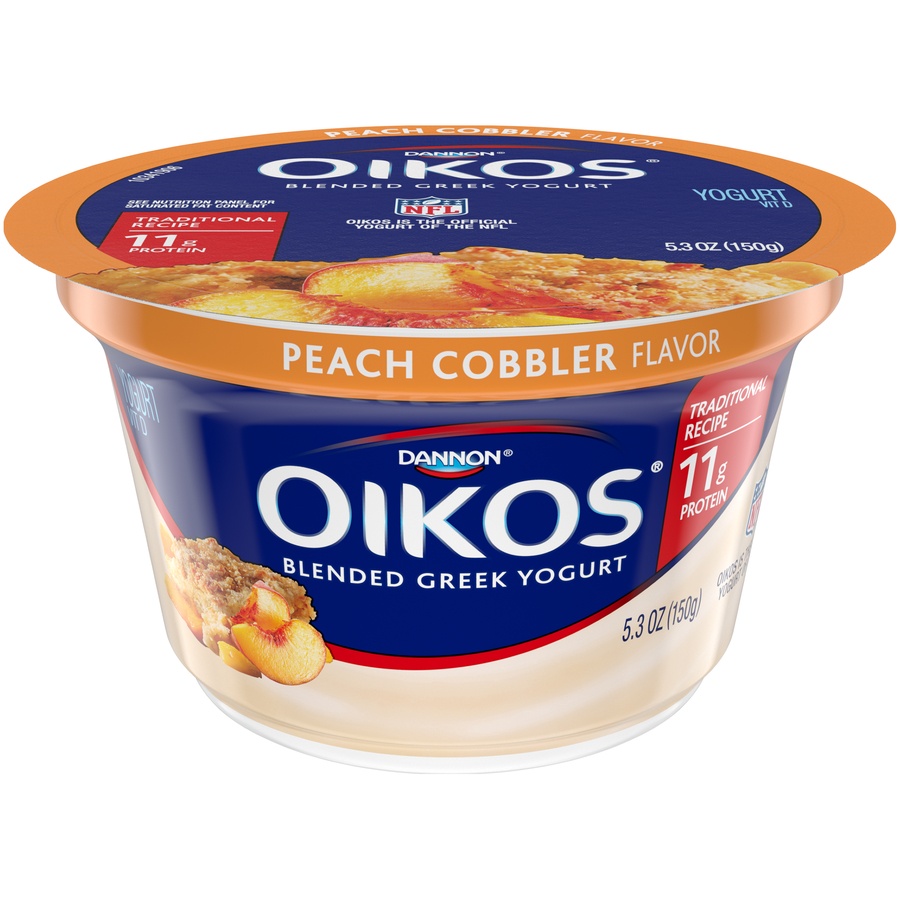 slide 2 of 6, Oikos Whole Milk Peach Cobbler Greek Yogurt, 5.3 oz