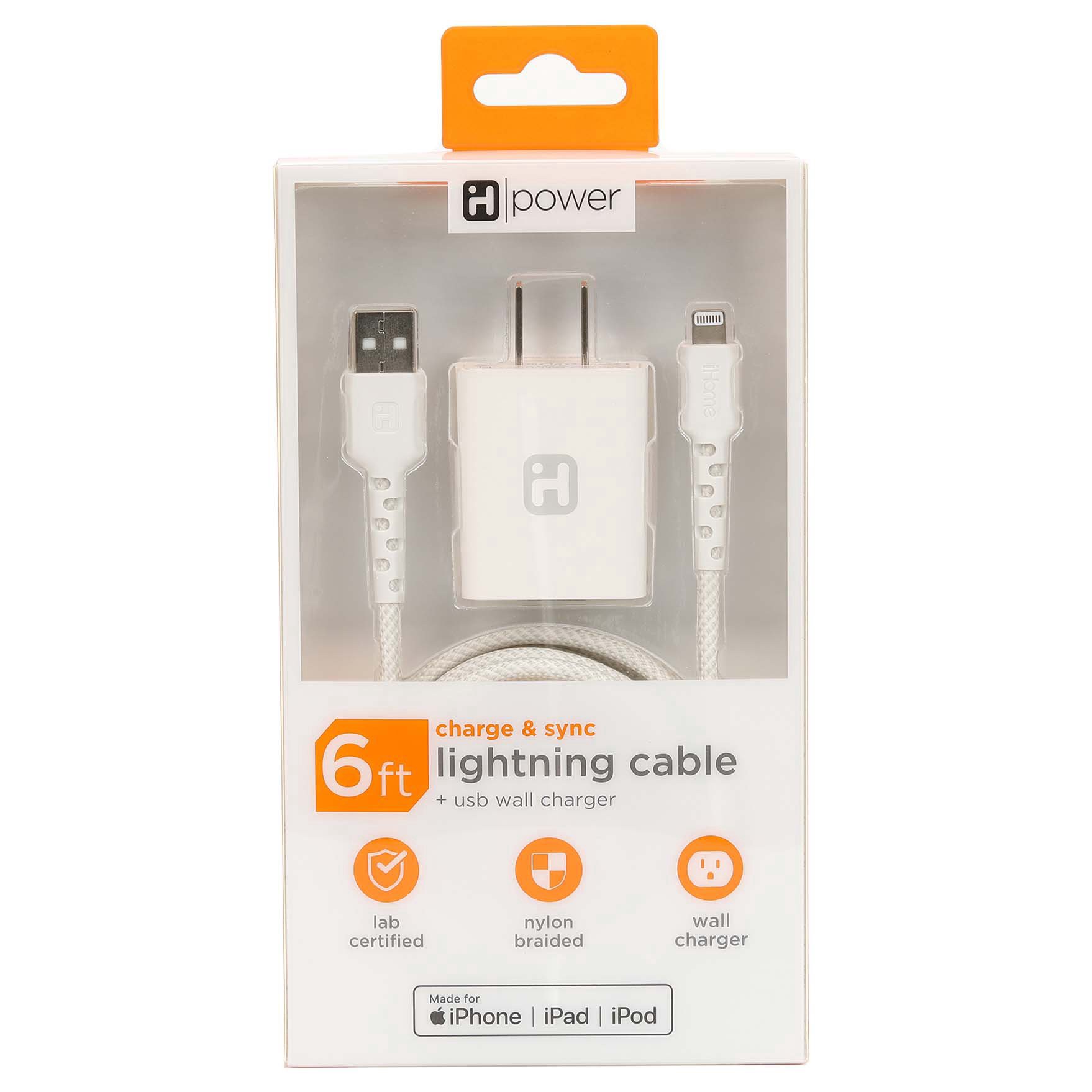 slide 1 of 1, iHome White USB Wall Charger & 6' Lightning Cable Set, 6 ft