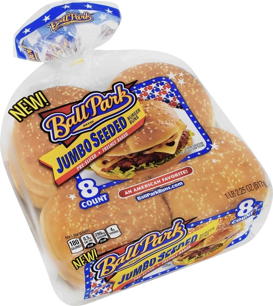 slide 1 of 1, Ball Park Jumbo Seeded Burger Buns, 8 count, 18.25 oz, 8