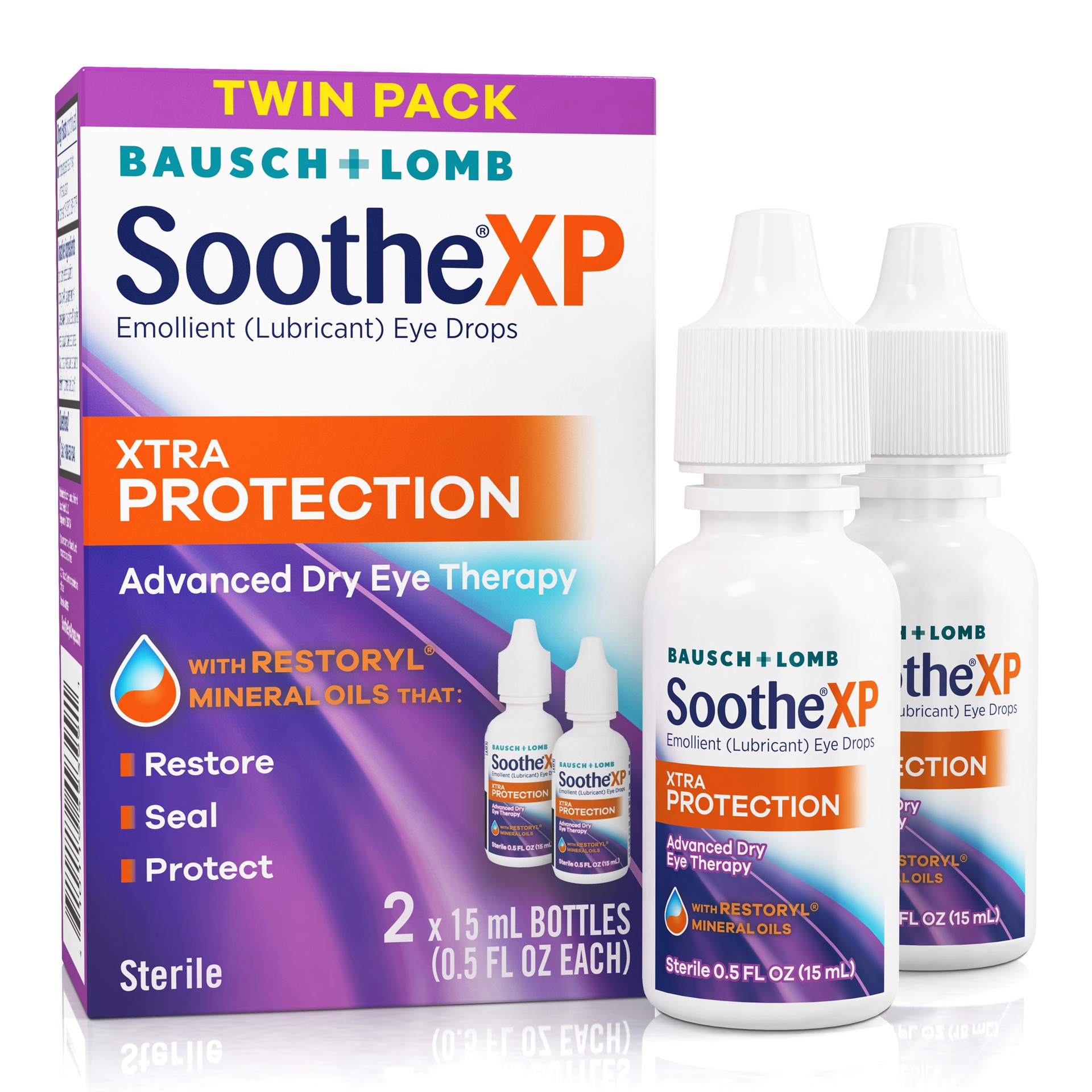 slide 1 of 2, Bausch + Lomb SootheXP Xtra Protection Lubricant Eye Drops Twin Pack, 0.5 oz