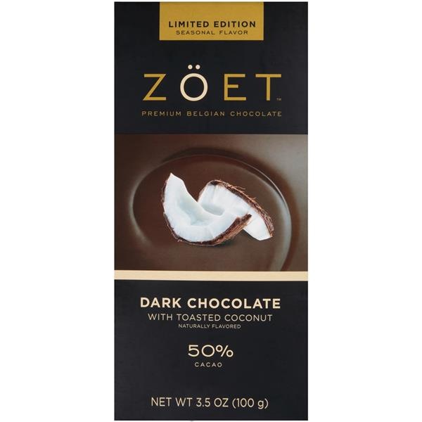 slide 1 of 1, Zöet 50% Cacao Dark Chocolate With Toasted Coconut, 3.5 oz