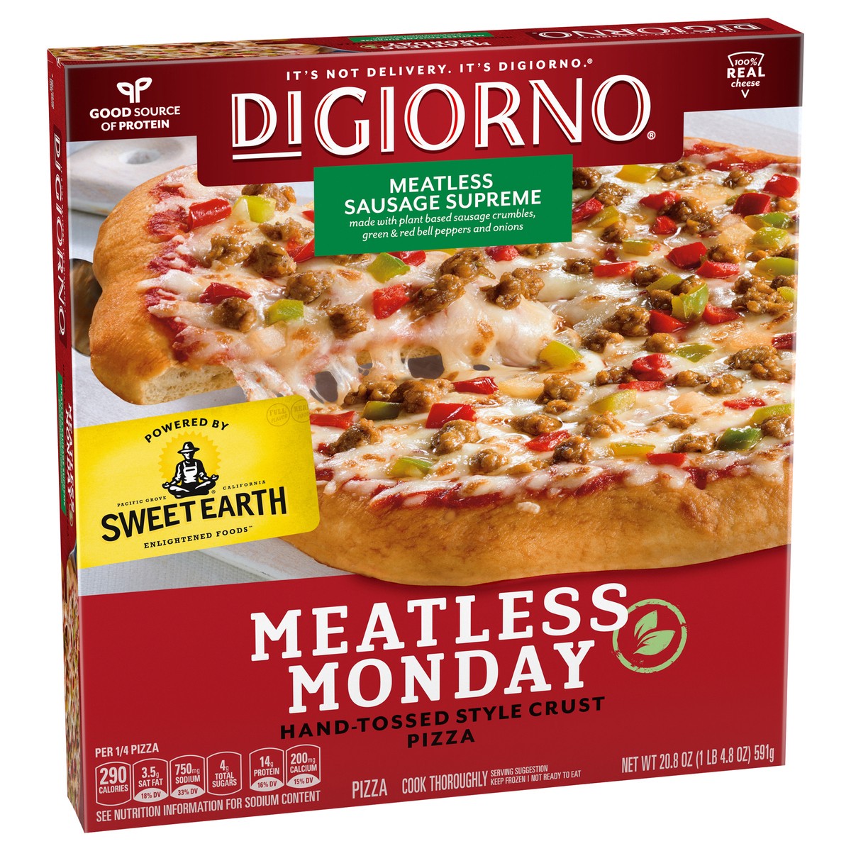 slide 2 of 9, DIGIORNO Frozen Pizza - Meatless Monday Sausage Supreme Pizza - Hand Tossed Style Crust Pizza with Plant Based Meat, 20.85 oz