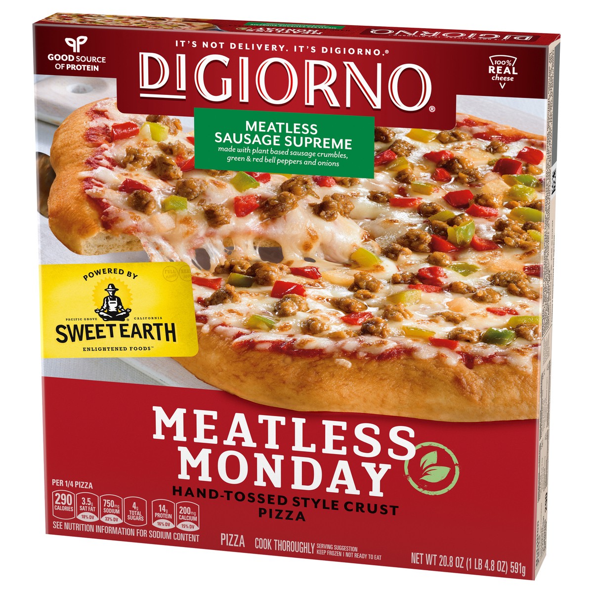 slide 3 of 9, DIGIORNO Frozen Pizza - Meatless Monday Sausage Supreme Pizza - Hand Tossed Style Crust Pizza with Plant Based Meat, 20.85 oz