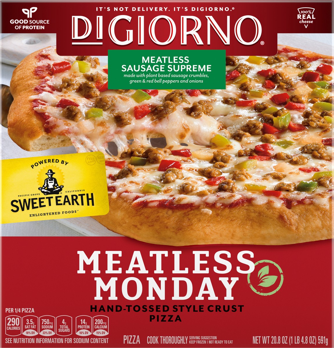 slide 6 of 9, DIGIORNO Frozen Pizza - Meatless Monday Sausage Supreme Pizza - Hand Tossed Style Crust Pizza with Plant Based Meat, 20.85 oz