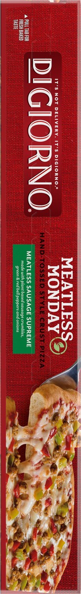 slide 7 of 9, DIGIORNO Frozen Pizza - Meatless Monday Sausage Supreme Pizza - Hand Tossed Style Crust Pizza with Plant Based Meat, 20.85 oz