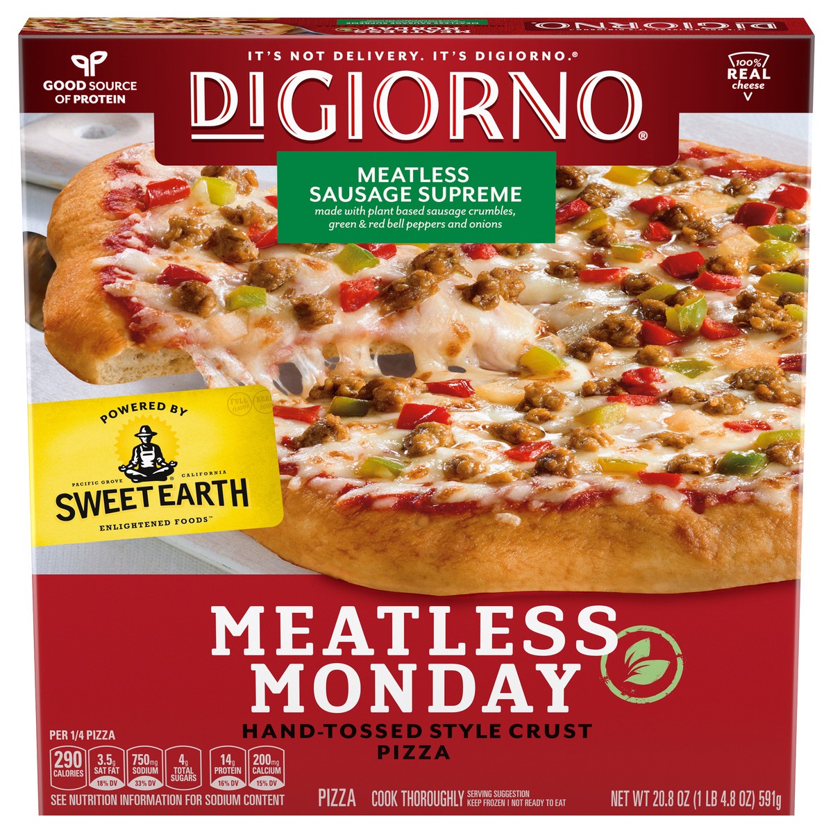 slide 1 of 9, DIGIORNO Frozen Pizza - Meatless Monday Sausage Supreme Pizza - Hand Tossed Style Crust Pizza with Plant Based Meat, 20.85 oz