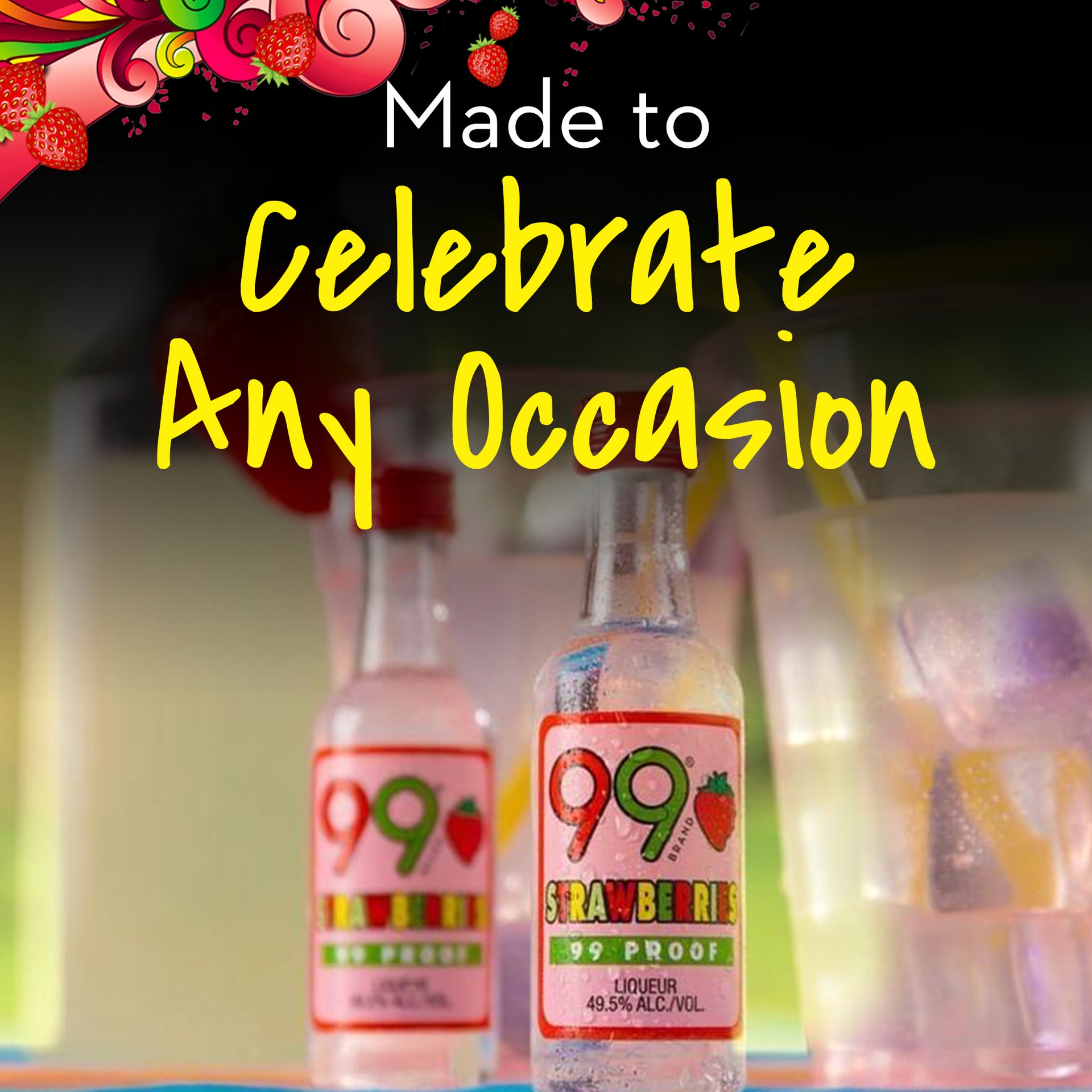 slide 3 of 5, 99 Brand Strawberry Liqueur, 50 mL Bottle, 99 Proof, 50 ml