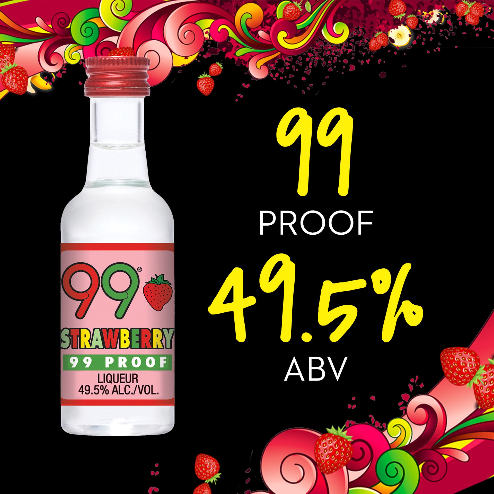 slide 2 of 5, 99 Brand Strawberry Liqueur, 50 mL Bottle, 99 Proof, 50 ml