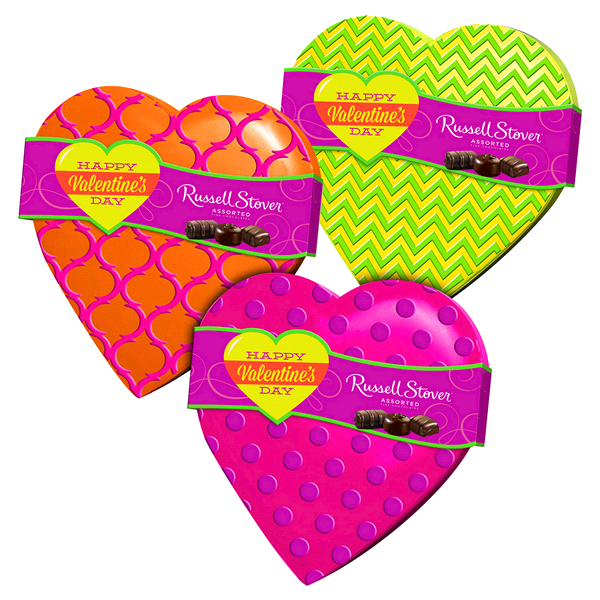 slide 1 of 1, Russell Stover Assorted Neon Embossed Heart With Chocolates, 9.5 oz