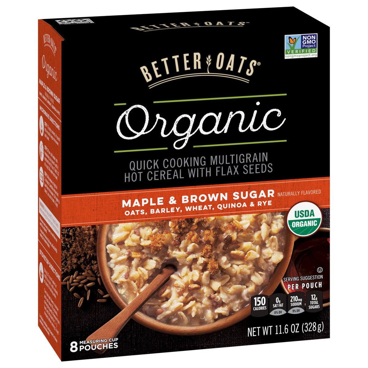 slide 3 of 9, Better Oats Organic Maple and Brown Sugar Multigrain Hot Cereal, Organic Oatmeal Pouches with Flax Seed, Pack of 8, 11.6 OZ Pack, 11.6 oz