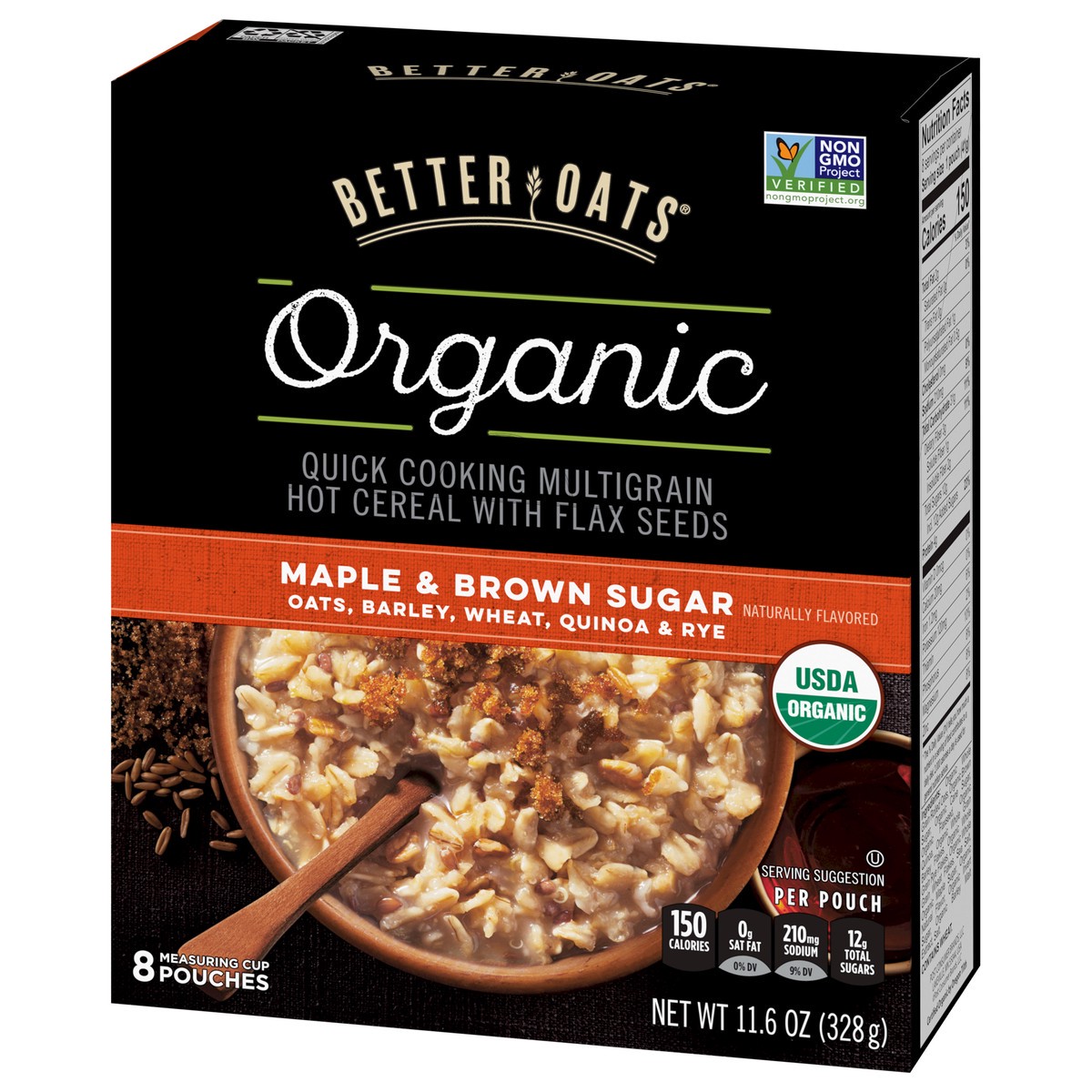 slide 7 of 9, Better Oats Organic Maple and Brown Sugar Multigrain Hot Cereal, Organic Oatmeal Pouches with Flax Seed, Pack of 8, 11.6 OZ Pack, 11.6 oz