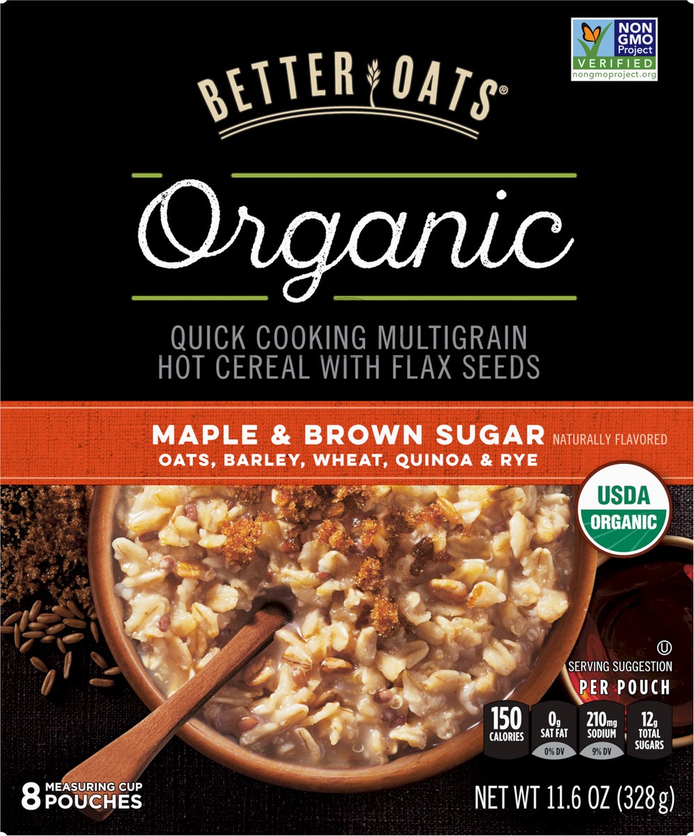 slide 5 of 9, Better Oats Organic Maple and Brown Sugar Multigrain Hot Cereal, Organic Oatmeal Pouches with Flax Seed, Pack of 8, 11.6 OZ Pack, 11.6 oz