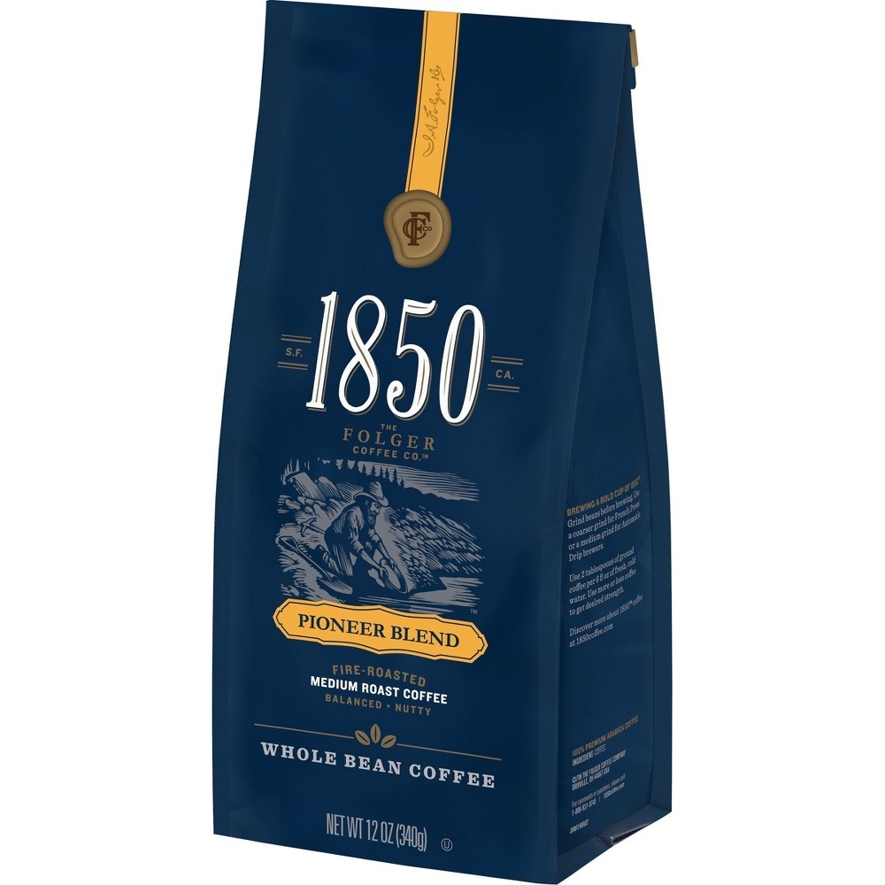 slide 3 of 3, Folgers 1850 Pioneer Blend Whole Bean Medium Roast Coffee, 12 oz