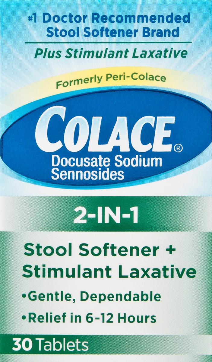 slide 2 of 7, Colace 2-In-1 Stool Softener & Stimulant Laxative Tablets for Safe, Occasional Constipation Relief in 6-12 Hours, Irregularity Treatment for Adults & Children 2+, 30 Tablets, 30 ct