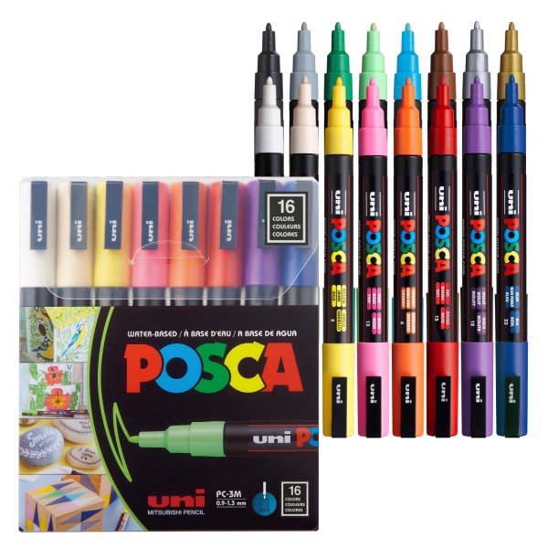 slide 1 of 6, Uni-Ball uni® POSCA PC-3M Water-Based Paint Markers, 16 Pack, Reversible Fine Tip (0.9-1.3mm), Assorted Colors, 1 ct