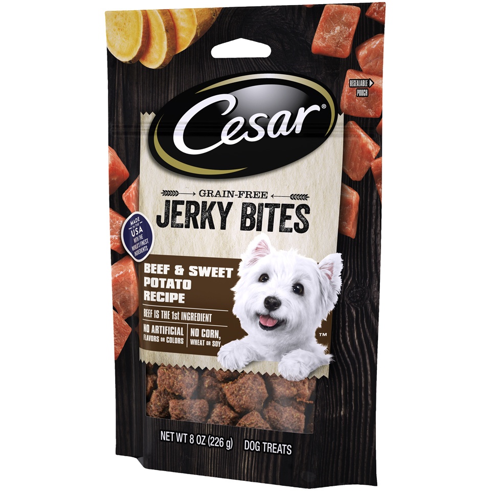 slide 3 of 9, Cesar Jerky Bites Dog Treats Beef And Sweet Potato Recipe Pouch, 8 oz